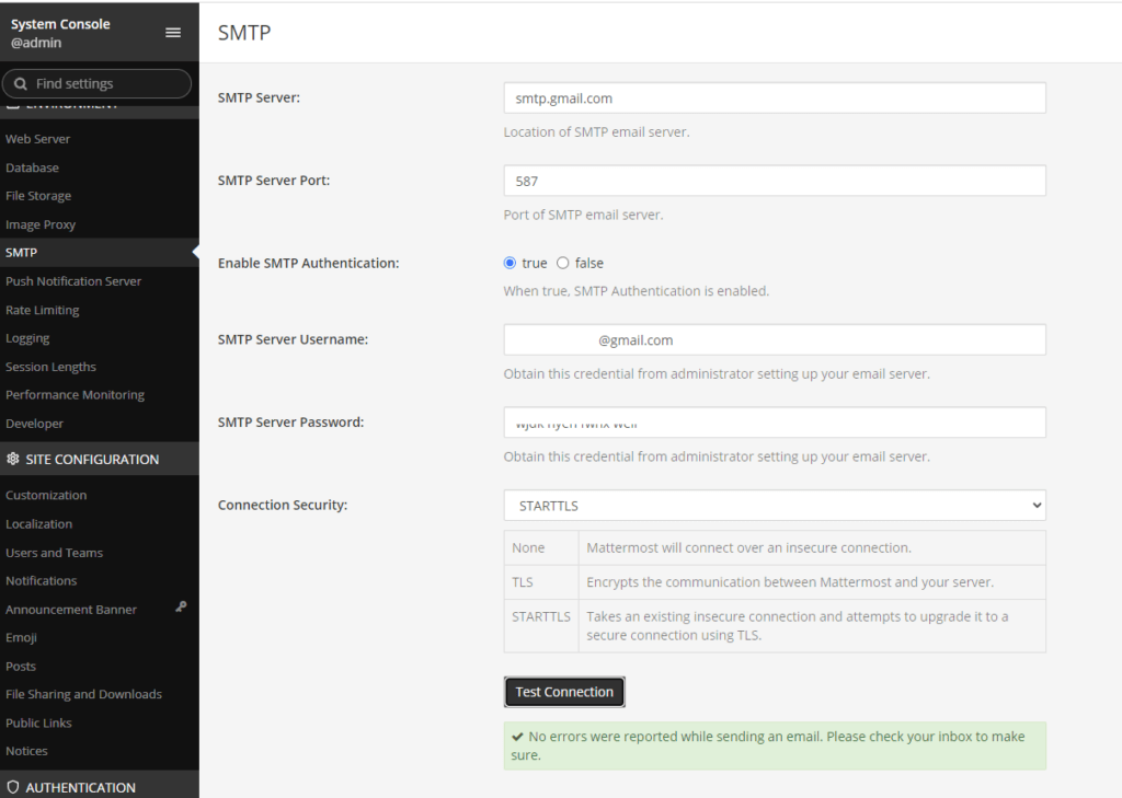 Mattermost SMTP 설정 성공