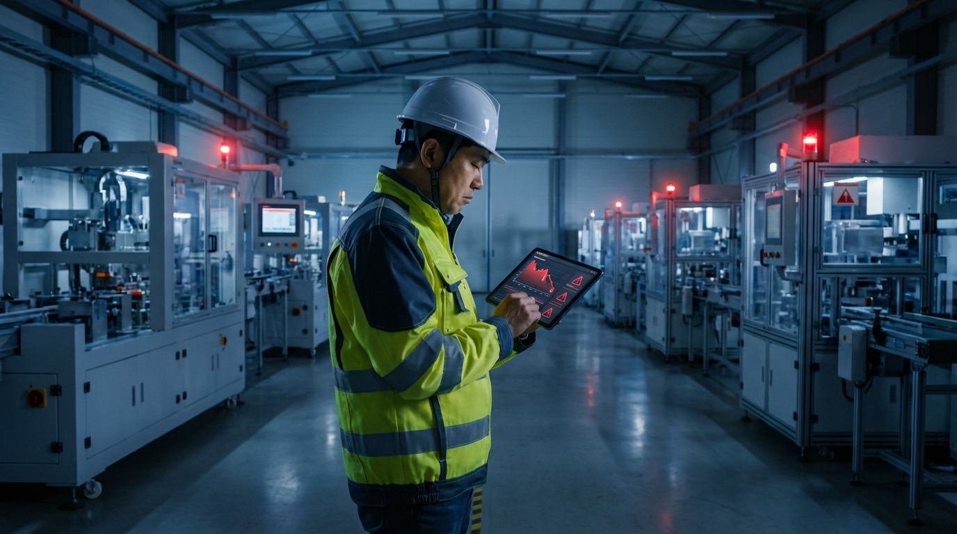 K-배터리 산업 위기로 가동 중단된 공장과 생산량 감소를 우려하는 관리자