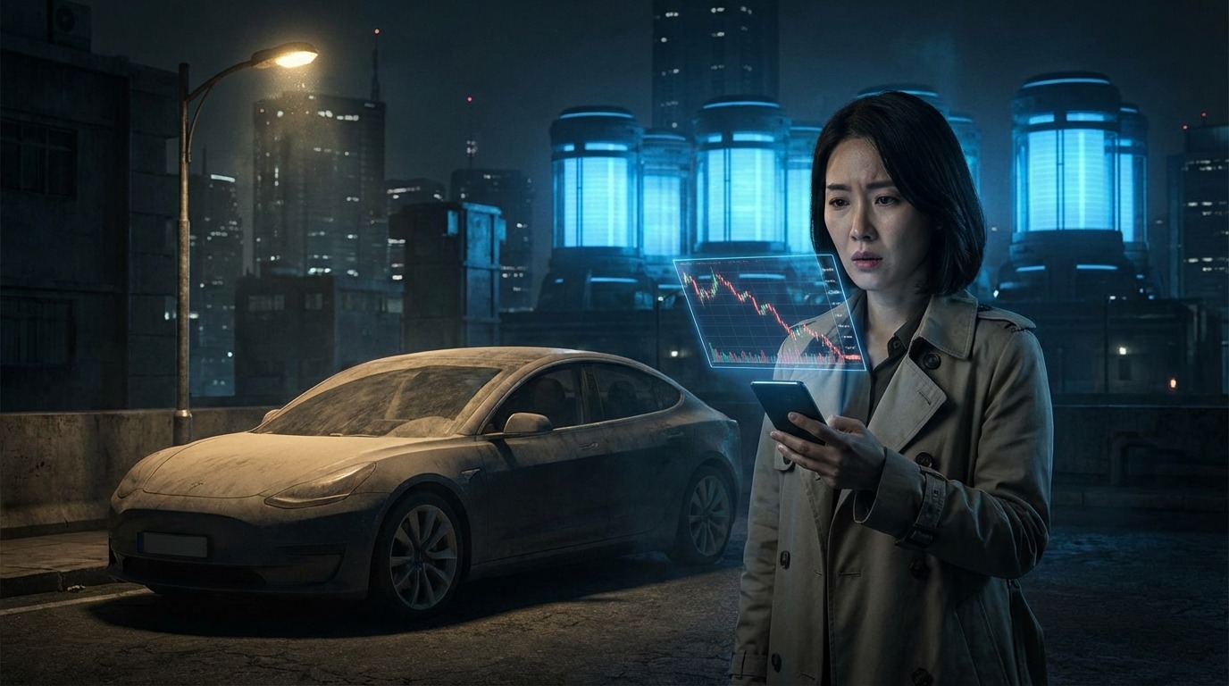 전기차 시장 둔화로 인해 먼지가 쌓인 미래형 전기차와 ESS 시설이 대비되는 모습