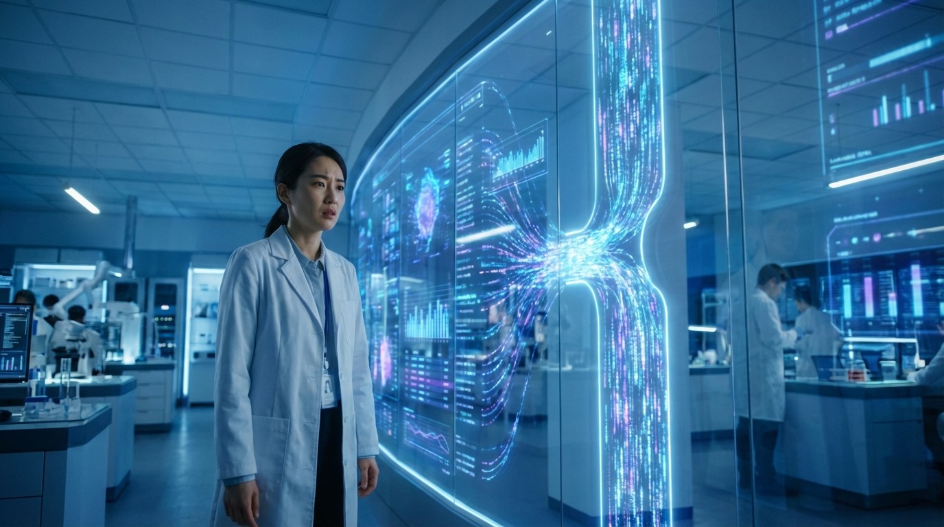 데이터 병목 현상을 시각적으로 보여주는 미래형 데이터 처리 과정