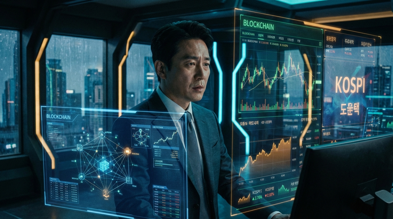 복잡한 블록체인 데이터에 둘러싸인 한국인 사업가, 금융 변동성에 대한 우려와 결의.