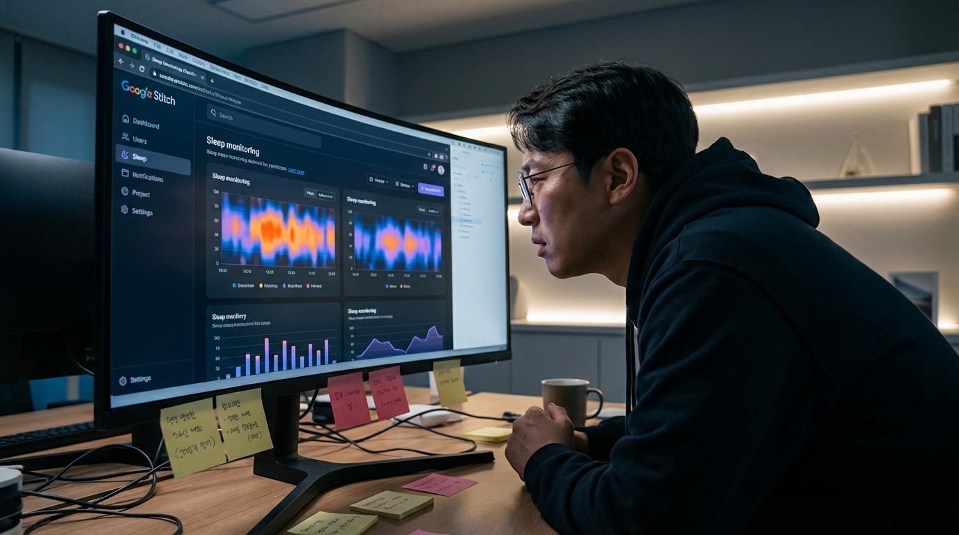 구글 스티치로 구현된 수면 앱 프로토타입과 예측 히트맵을 살펴보는 개발자