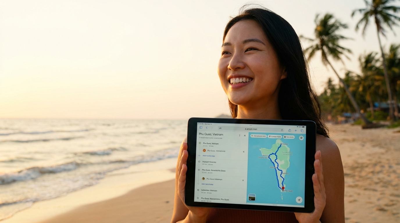 AI 비서 NotebookLM과 Gemini로 완벽하게 계획된 베트남 푸꾸옥 여행 일정을 확인하는 여성