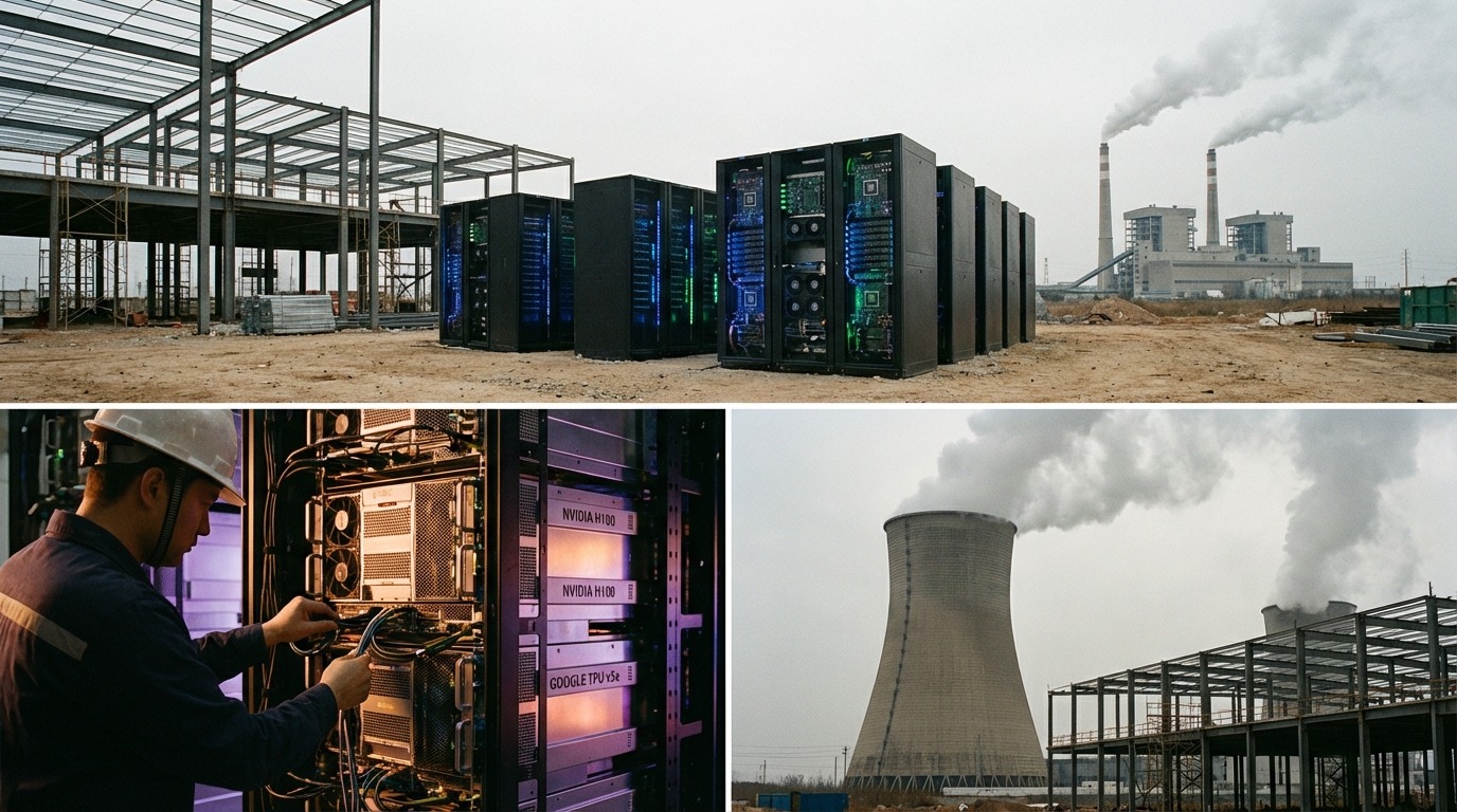 AI 데이터센터와 전력 소비를 상징하는 거대한 인프라 건설 현장