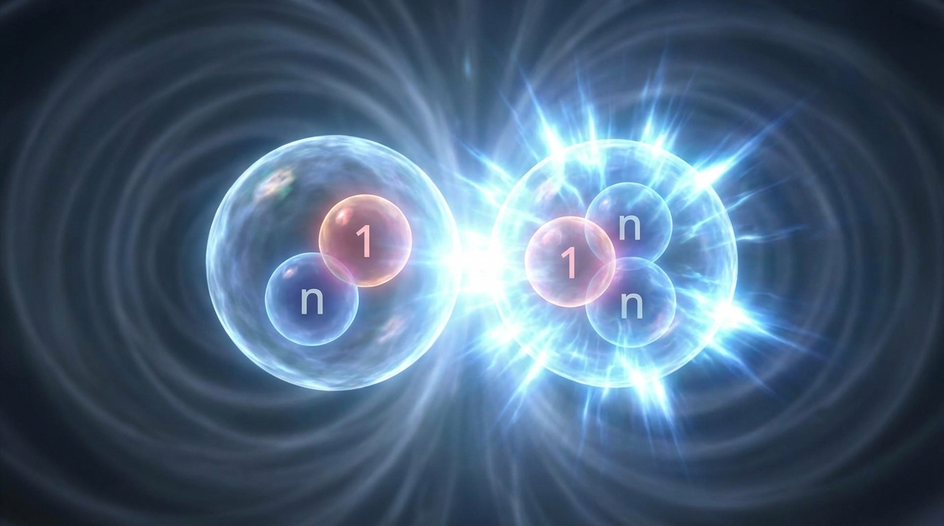 중수소와 삼중수소 핵이 융합하여 막대한 에너지를 방출하는 모습