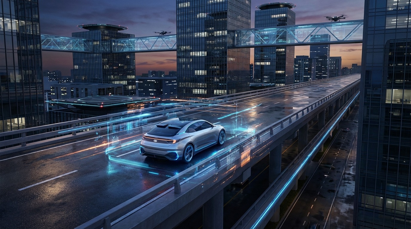 미래 스마트 도시 고속도로를 주행하는 현대차 자율주행 콘셉트 차량