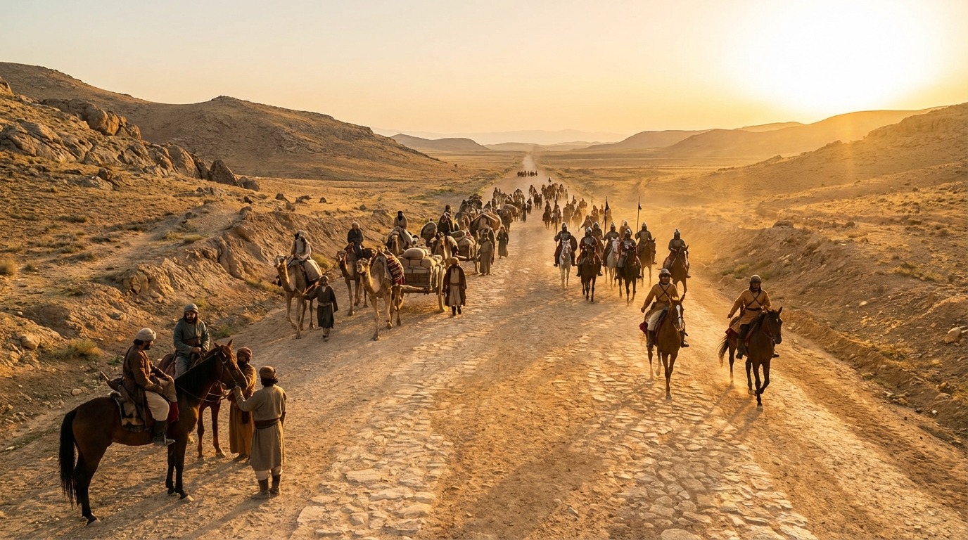 고대 페르시아 왕도를 따라 이동하는 다양한 여행자들