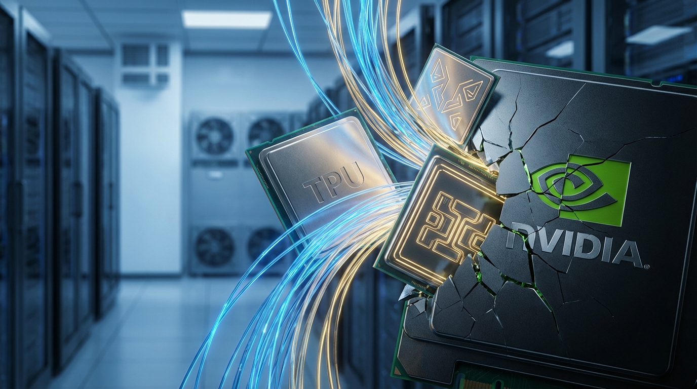 엔비디아 쿠다(녹색 회로) 장벽이 구글(파랑)과 메타(빨강) 에너지에 의해 밀려나 열린 컴퓨팅 환경을 보여주는 상징적인 이미지