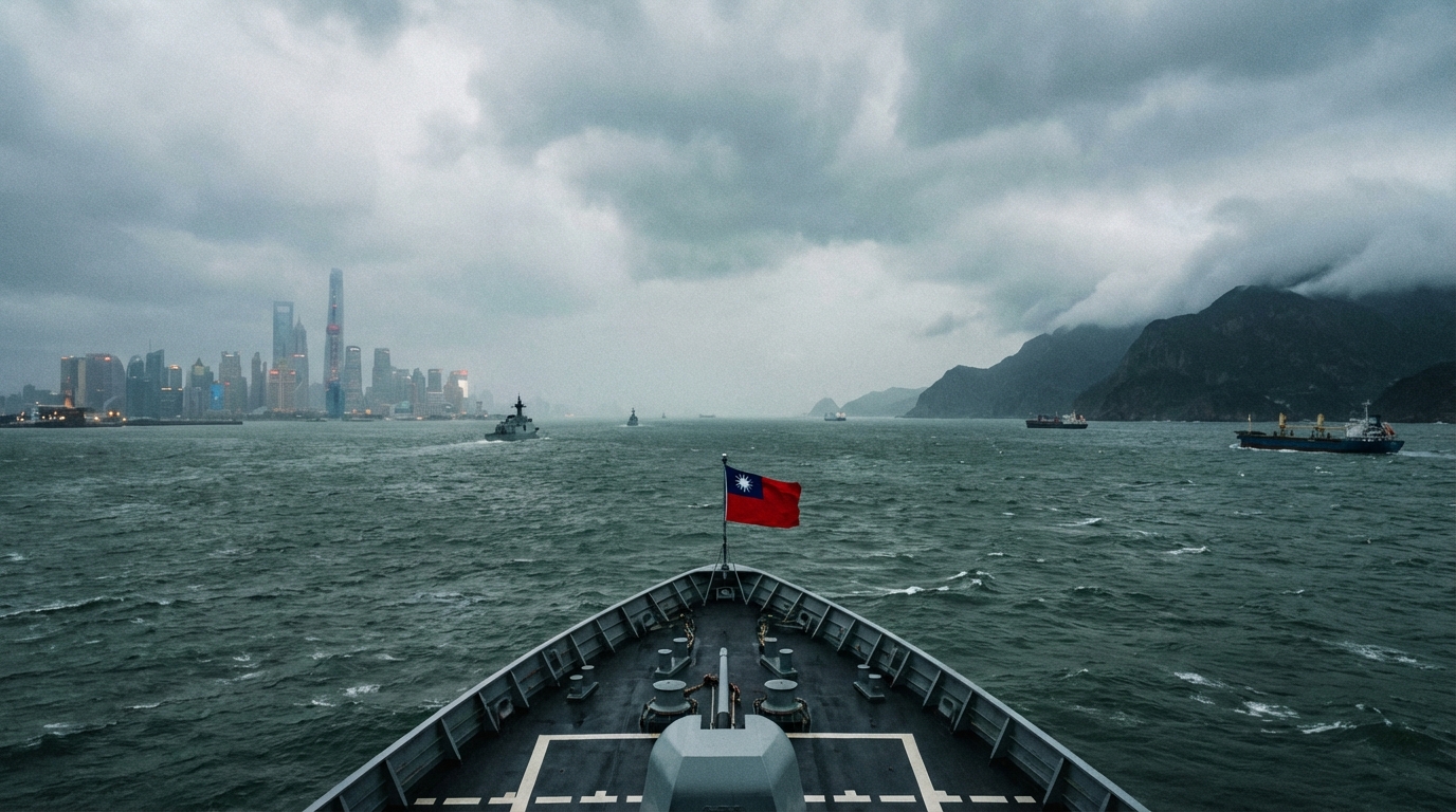 대만해협의 긴장감 속에서 항해하는 현대 군함과 멀리 보이는 해안선