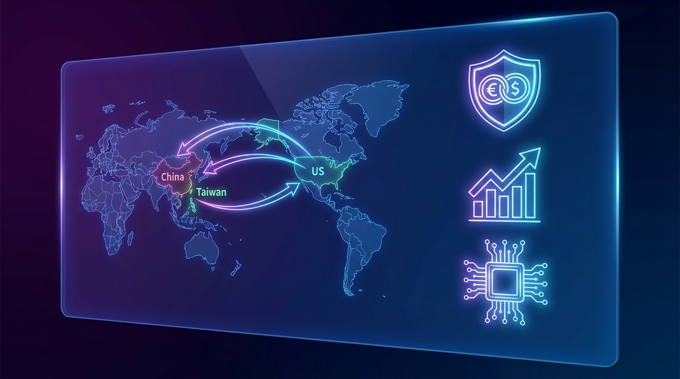 대만, 중국, 미국 간의 정치적, 경제적 압력을 나타내는 인포그래픽과 반도체 산업의 중요성