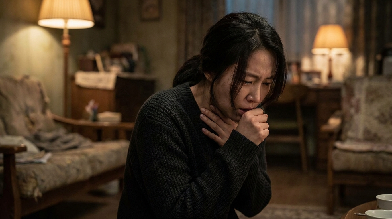 잦은 기침과 목 통증으로 괴로워하는 여성