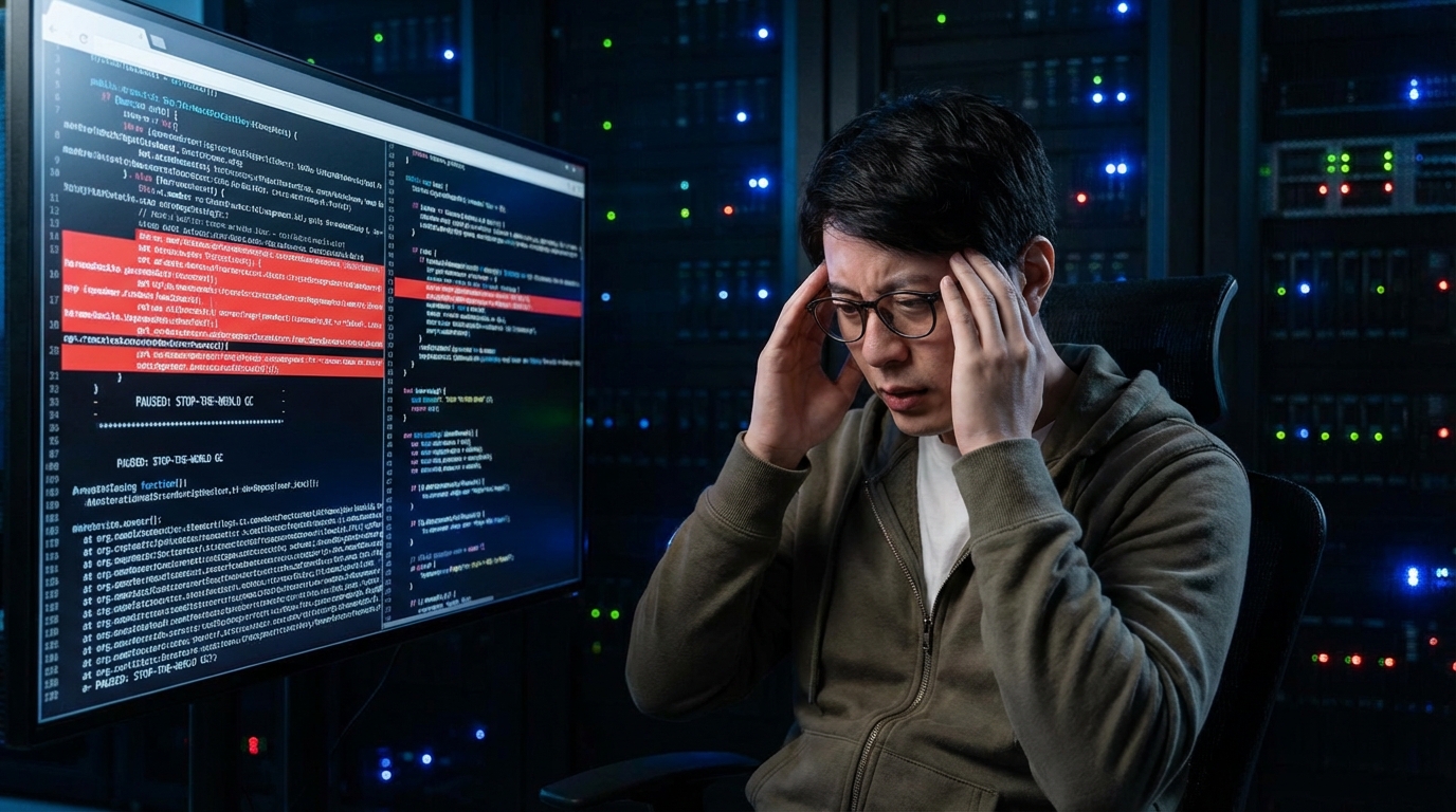 GC의 '스톱-더-월드' 이벤트로 인해 컴퓨터 앞에서 좌절하는 개발자