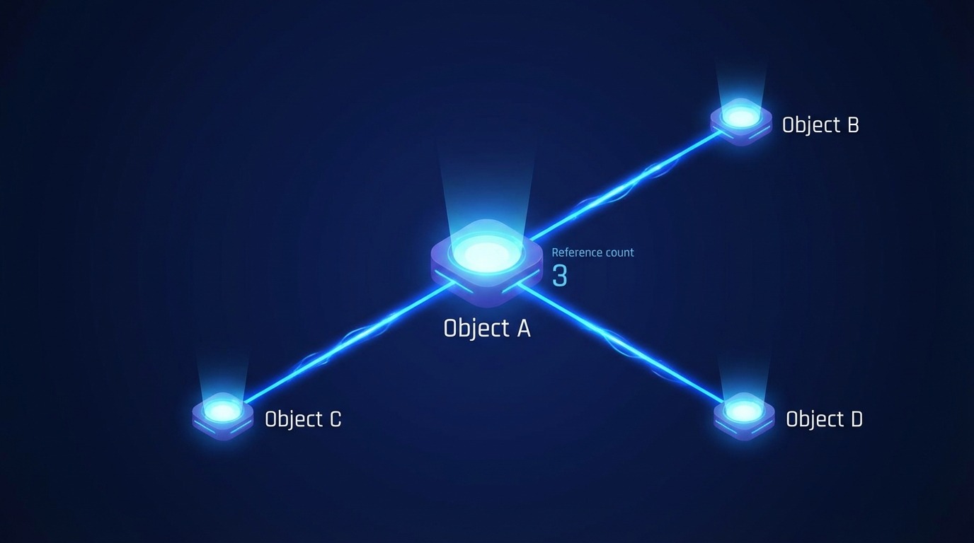 자동 참조 카운팅(ARC) 메커니즘을 시각적으로 설명하는 다이어그램