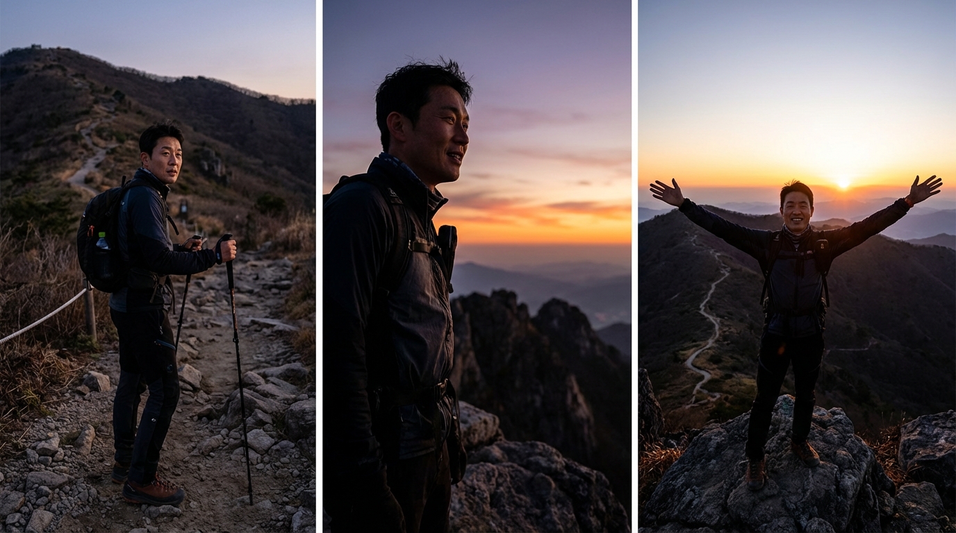 등산 정상에서 성취감을 느끼는 한국인 등산객
