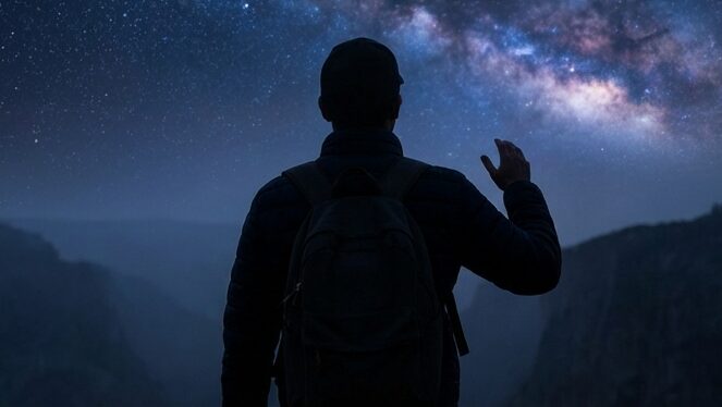 광활한 우주를 바라보며 경외감을 느끼는 인간의 실루엣