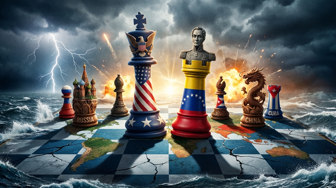 카리브해의 에메랄드빛 해변과 긴장감을 암시하는 군사적 존재