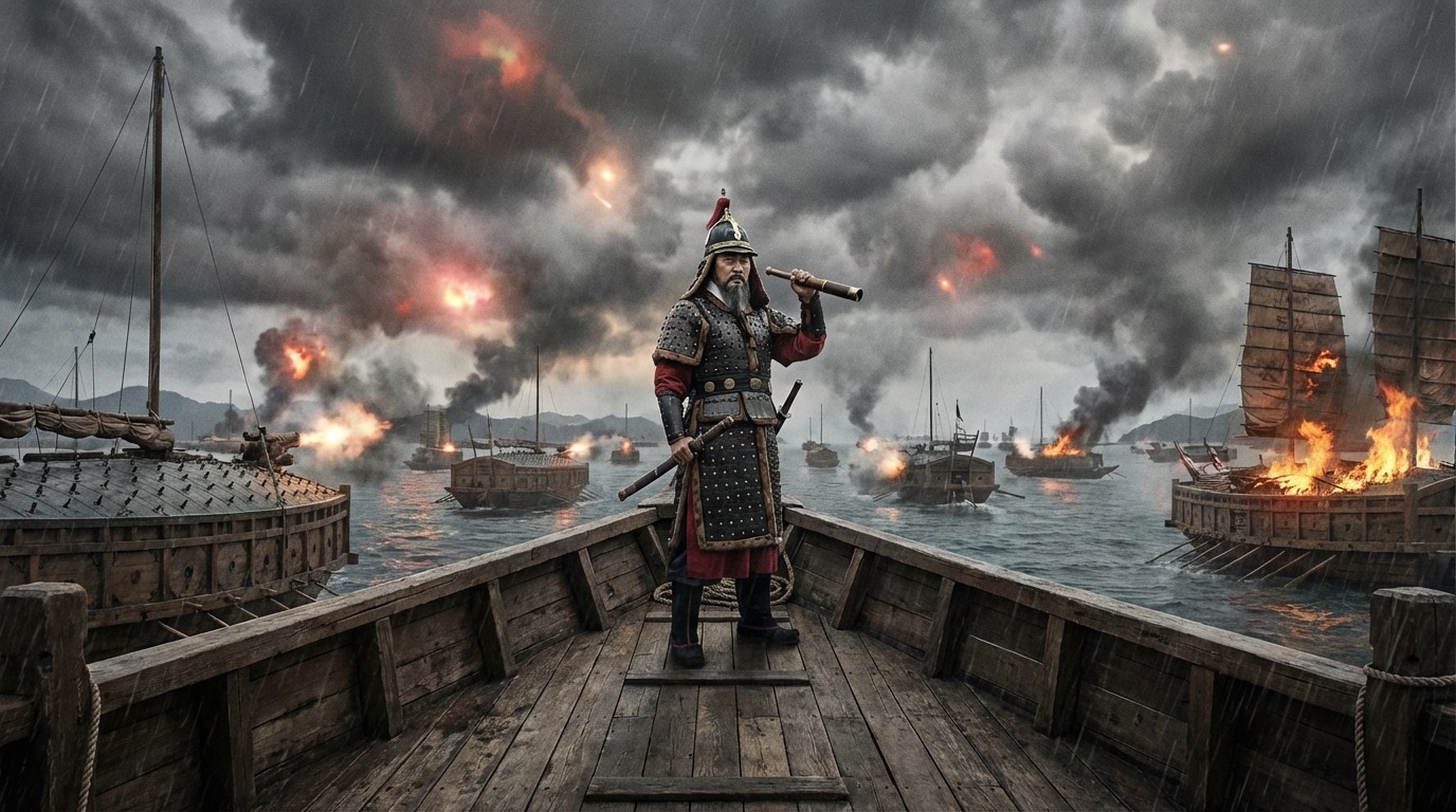 이순신 장군이 거북선 갑판 위에서 한산도 대첩을 지휘하는 모습