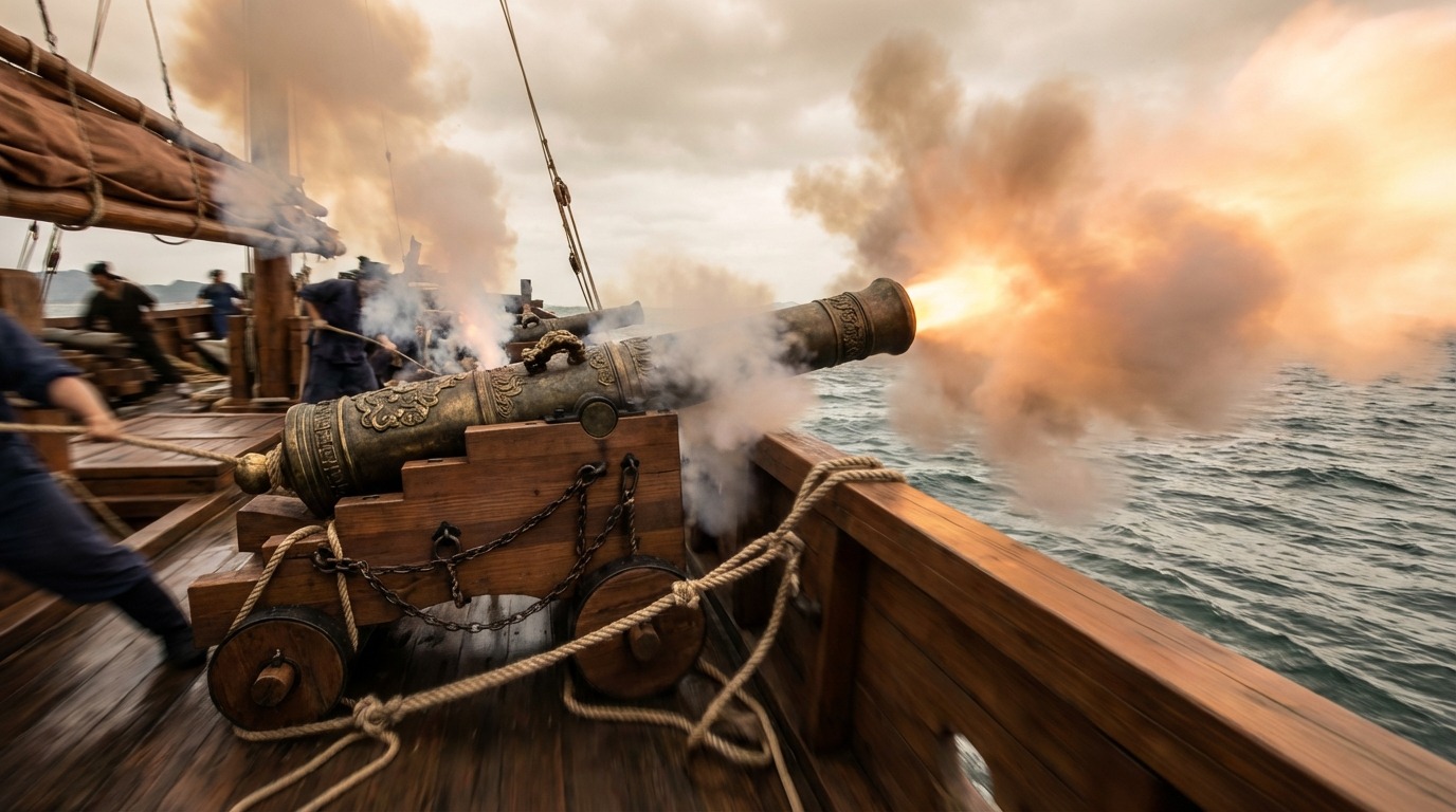 판옥선에서 조선의 강력한 화포가 발사되는 모습