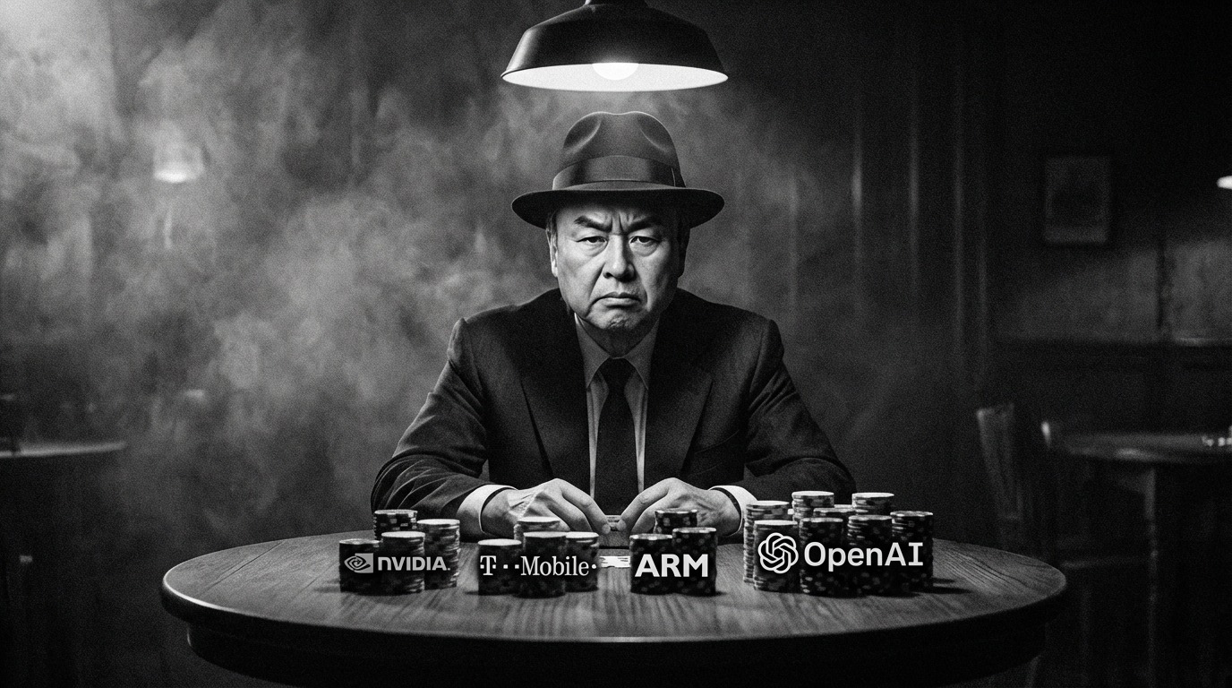 손정의 회장을 연상시키는 인물이 오픈AI에 대규모 베팅하는 모습을 상징하는 포커 테이블과 주식 칩