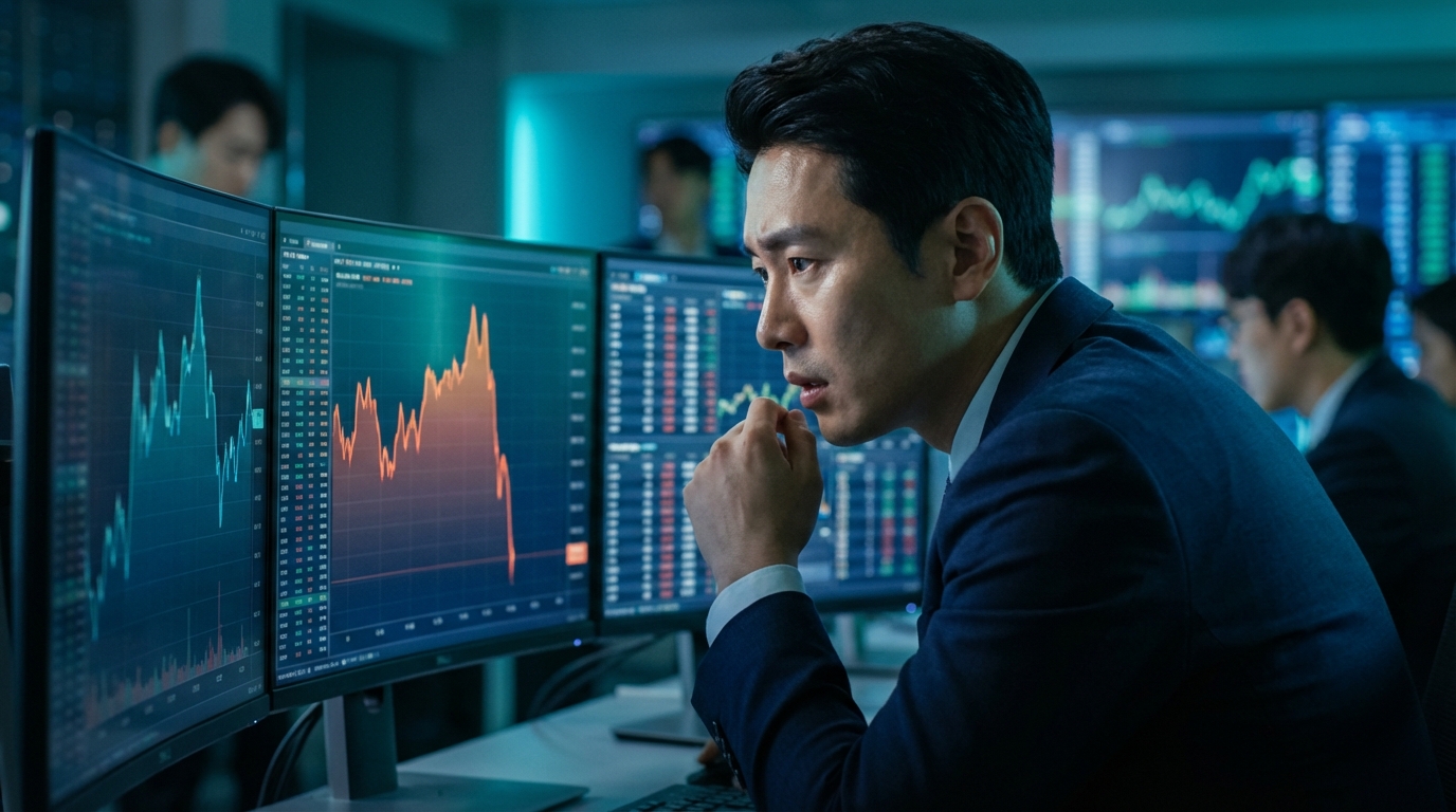 고급 기술 트레이딩 룸에서 급락하는 환율 차트를 주시하는 한국 금융 분석가