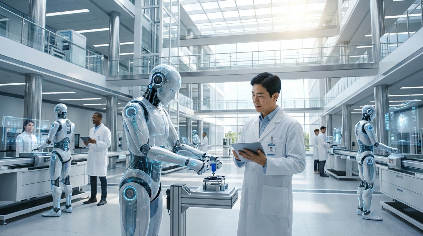 삼성전자의 미래 AI 및 로봇 연구 시설과 협력하는 엔지니어들