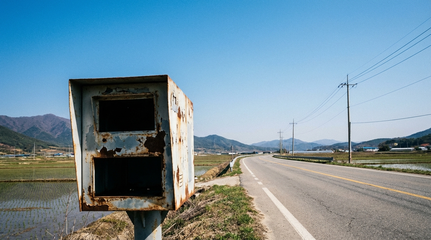 비어 있는 이동식 단속 카메라 부스가 도로변에 홀로 서 있는 모습