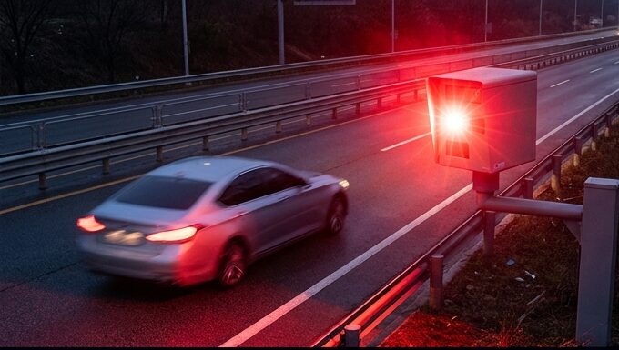 고속도로에서 차량이 과속 단속 카메라에 적발되어 섬광이 터지는 모습