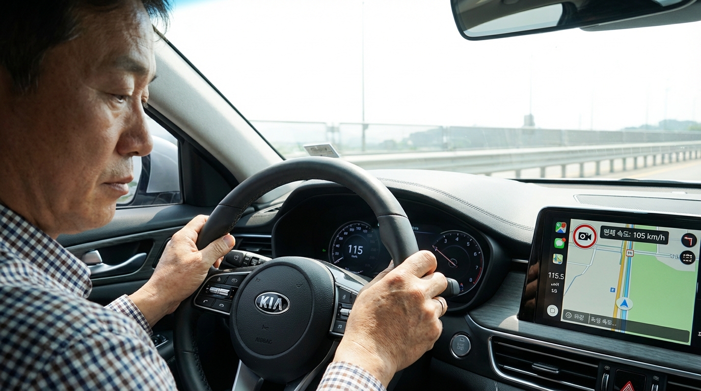 차량 내부에서 운전자가 계기판과 내비게이션 속도를 확인하는 모습