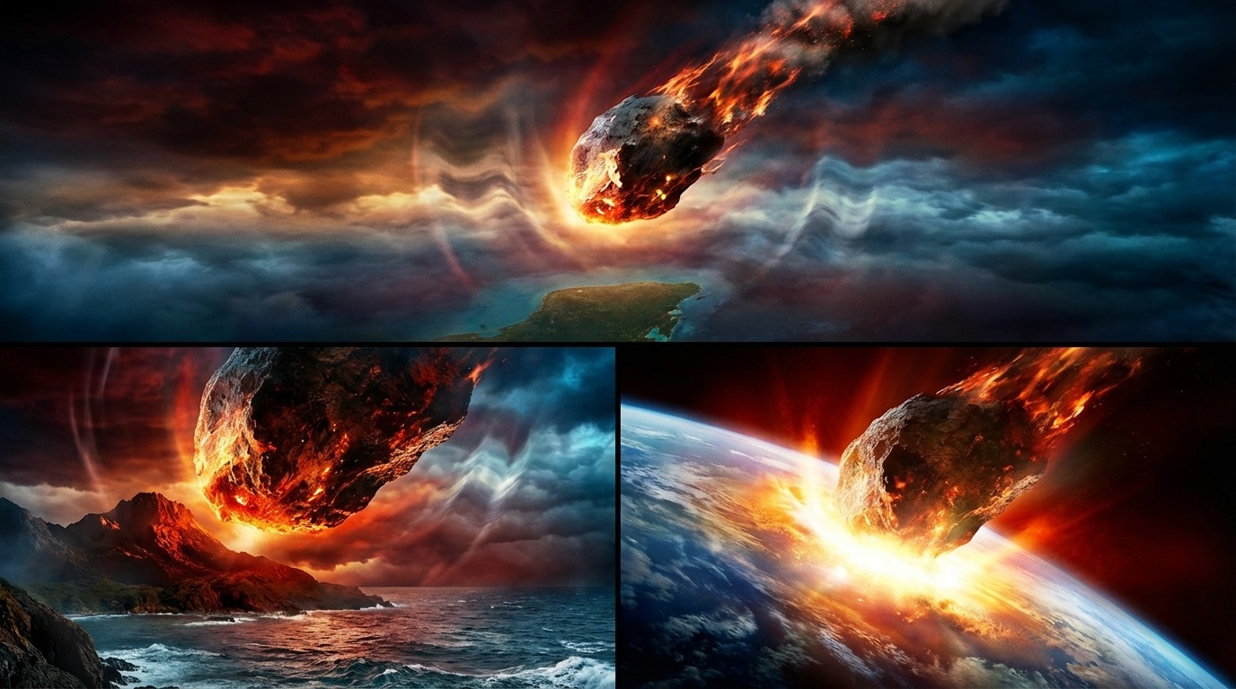 멕시코 유카탄 반도를 향해 돌진하는 거대한 운석과 충격 직전의 지구의 종말론적 하늘. 공룡 대멸종의 순간.