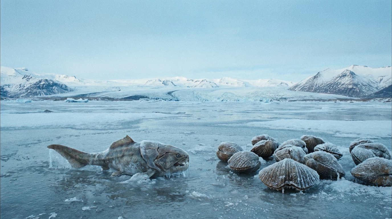 오르도비스기 말 빙하기에 얼어붙은 바다와 혹독한 환경에서 살아남기 위해 고군분투하는 고대 갑주어 및 완족류.