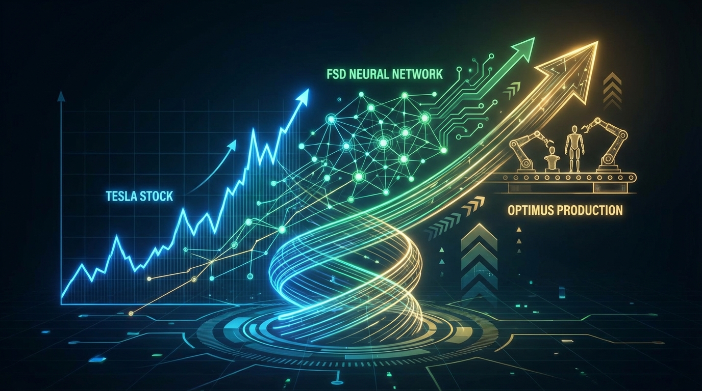 테슬라 주가, FSD, 옵티머스 생산라인의 상호 성장 인포그래픽
