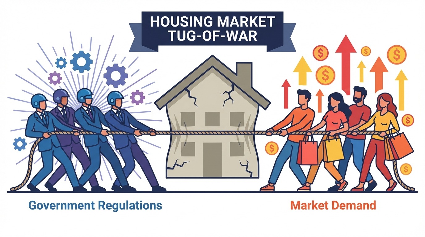 정부 규제와 시장 수요의 줄다리기 대결을 표현한 부동산 시장 갈등