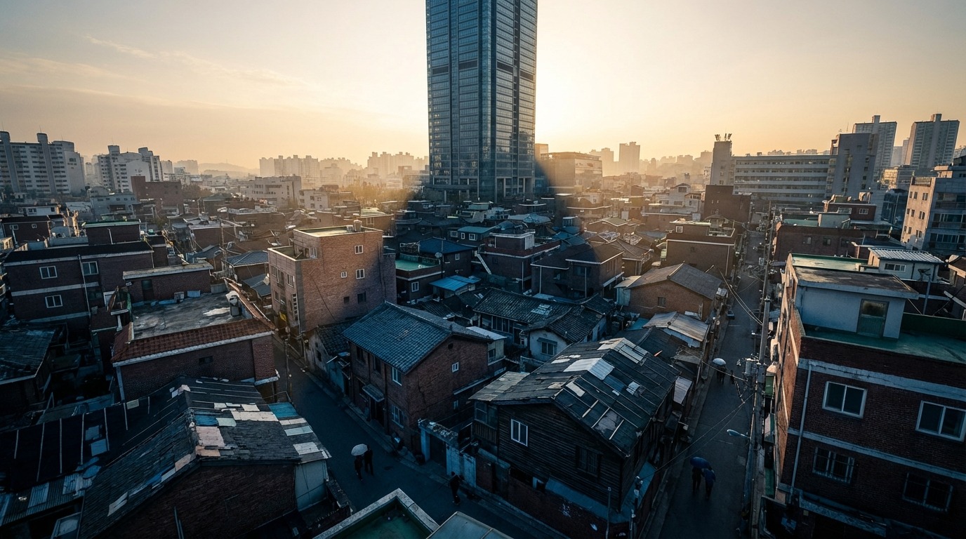 현대식 고층 아파트와 오래된 주택의 대조로 보는 부동산 시장 양극화