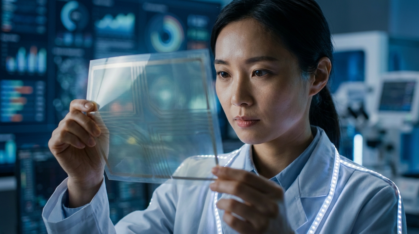 첨단 연구실에서 유연하고 투명한 태양광 필름을 진지하게 관찰하는 한국인 과학자