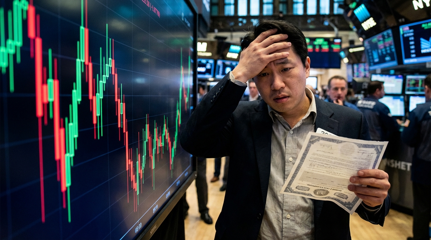 주식 시장의 변동성에 압도되어 좌절하는 투자자의 모습