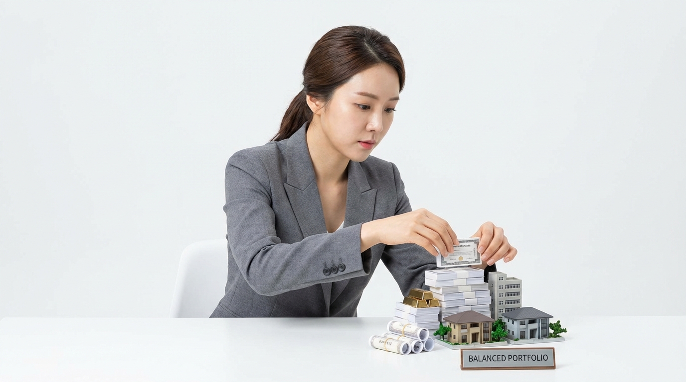 침착하게 다양한 금융 자산을 정리하며 균형 잡힌 포트폴리오를 구성하는 모습