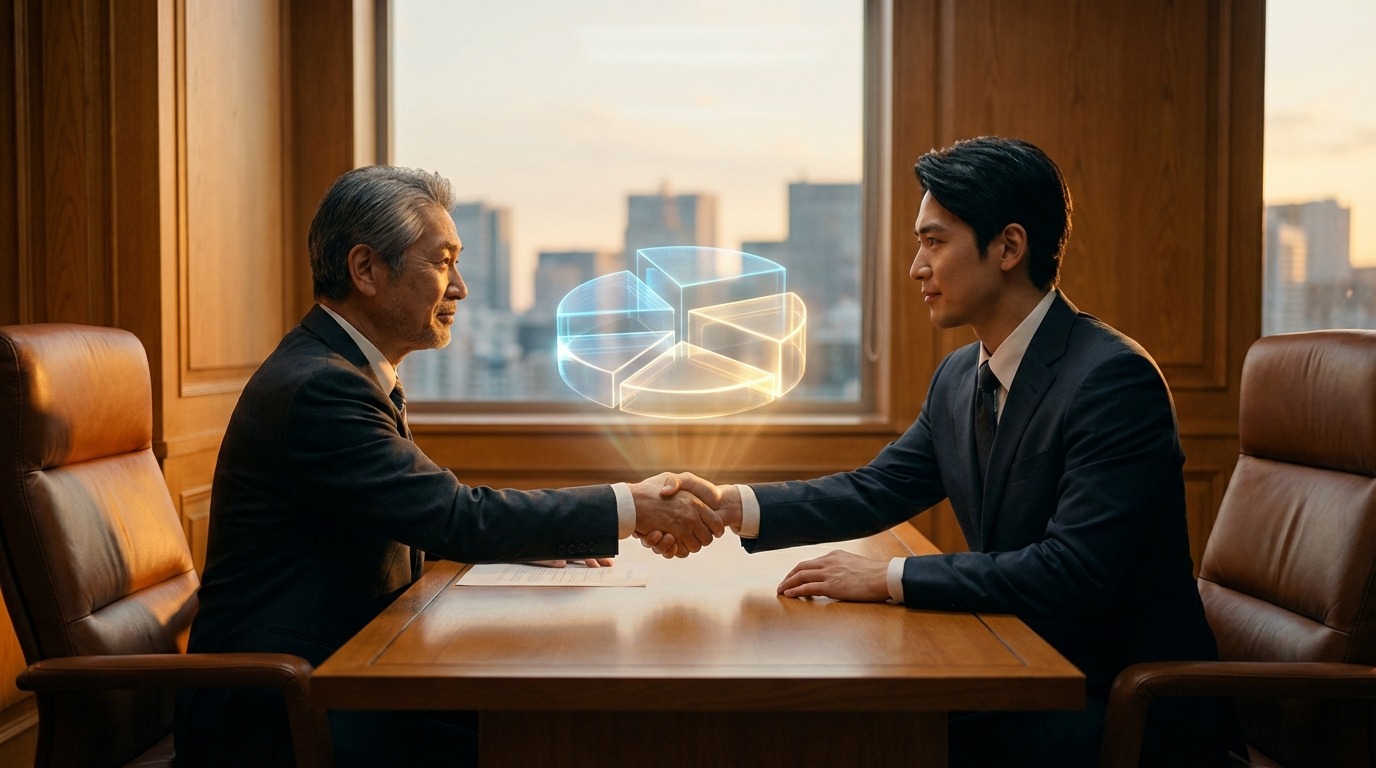 협력과 전략적 성장을 상징하며 다각화된 자산 배분을 논의하는 두 투자자