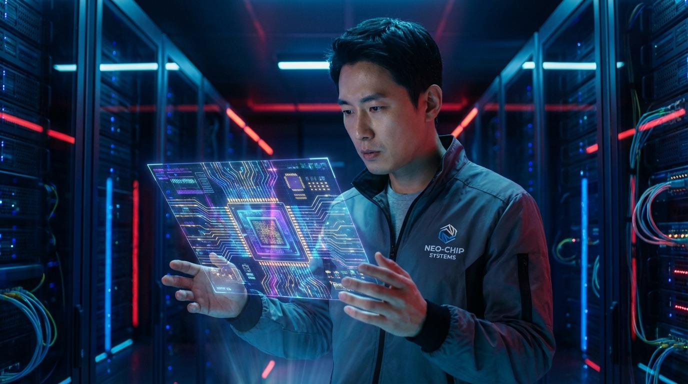 AI 추론 칩 설계도를 분석하는 엔지니어의 모습