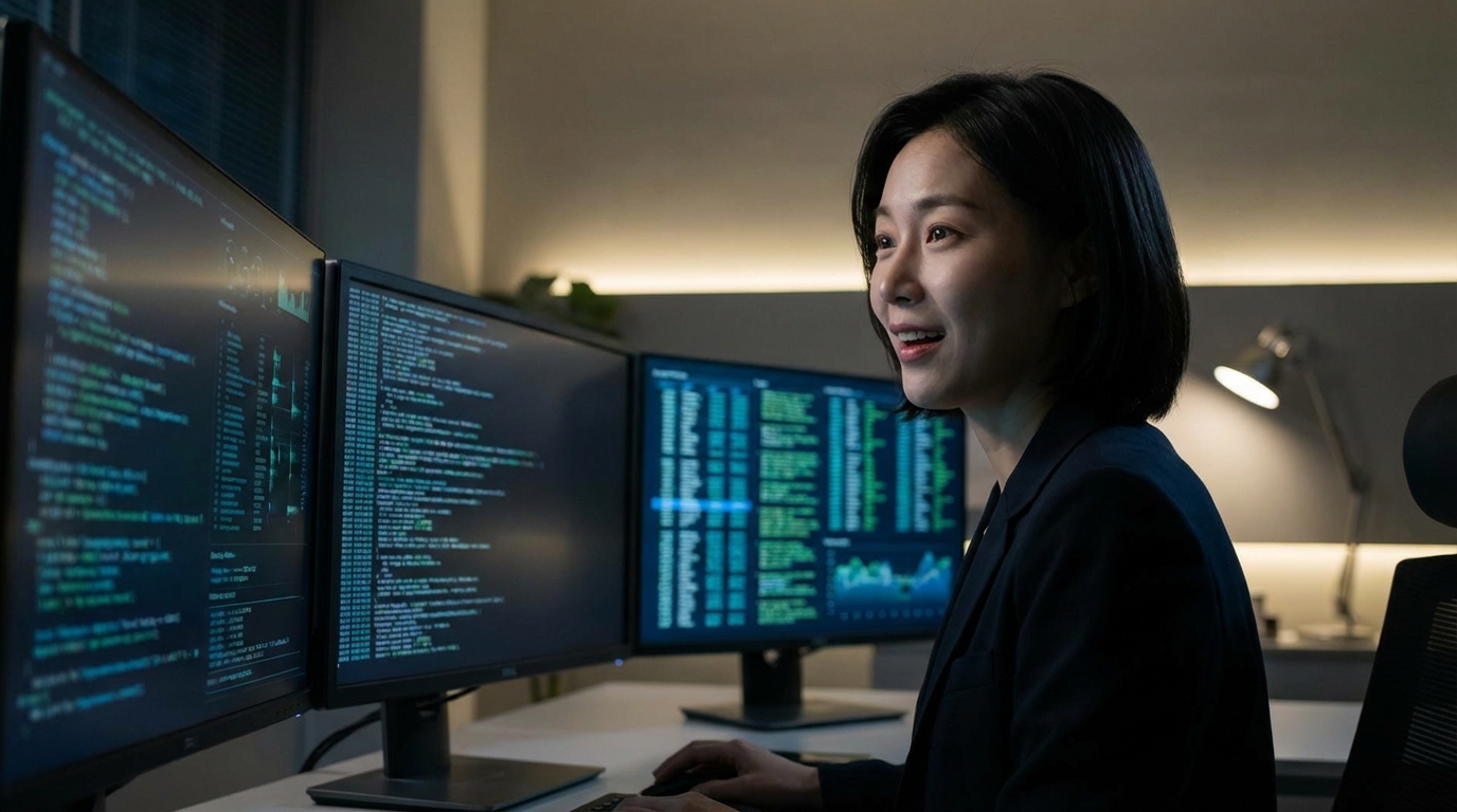 실시간 AI 추론 결과를 확인하며 놀라워하는 데이터 과학자