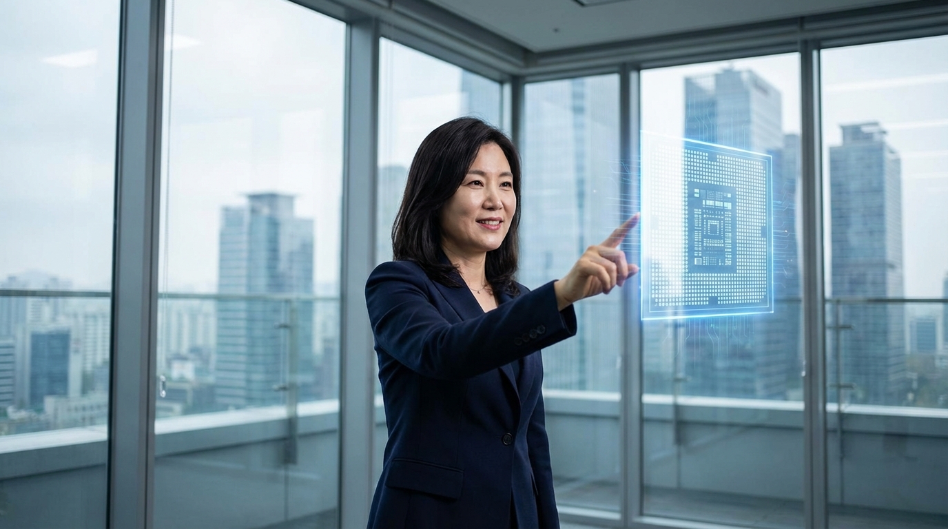 회의실에서 홀로그램 HBF 칩 아키텍처를 설명하는 임원의 모습