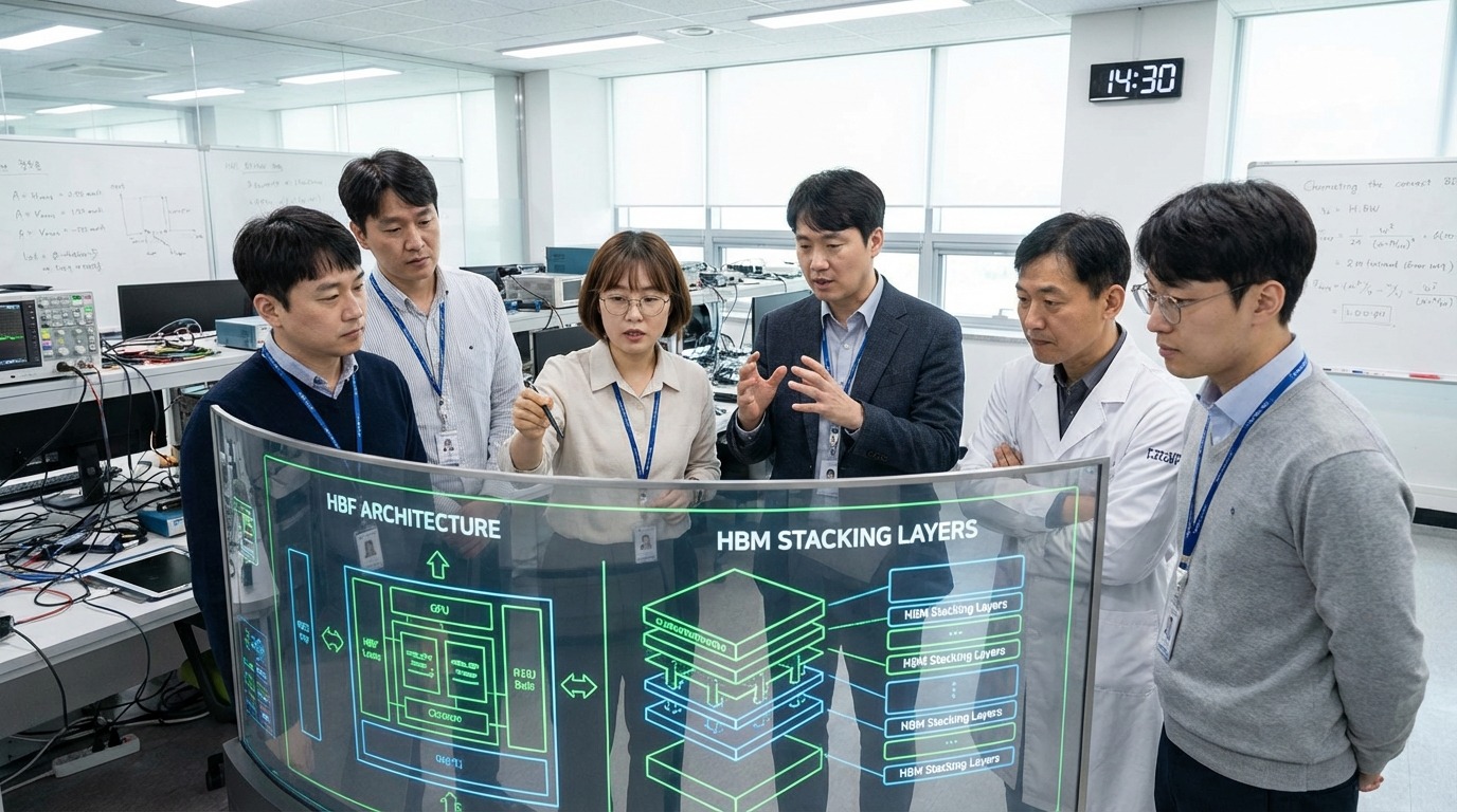 HBF 및 HBM 설계도를 논의하며 협력하는 엔지니어들