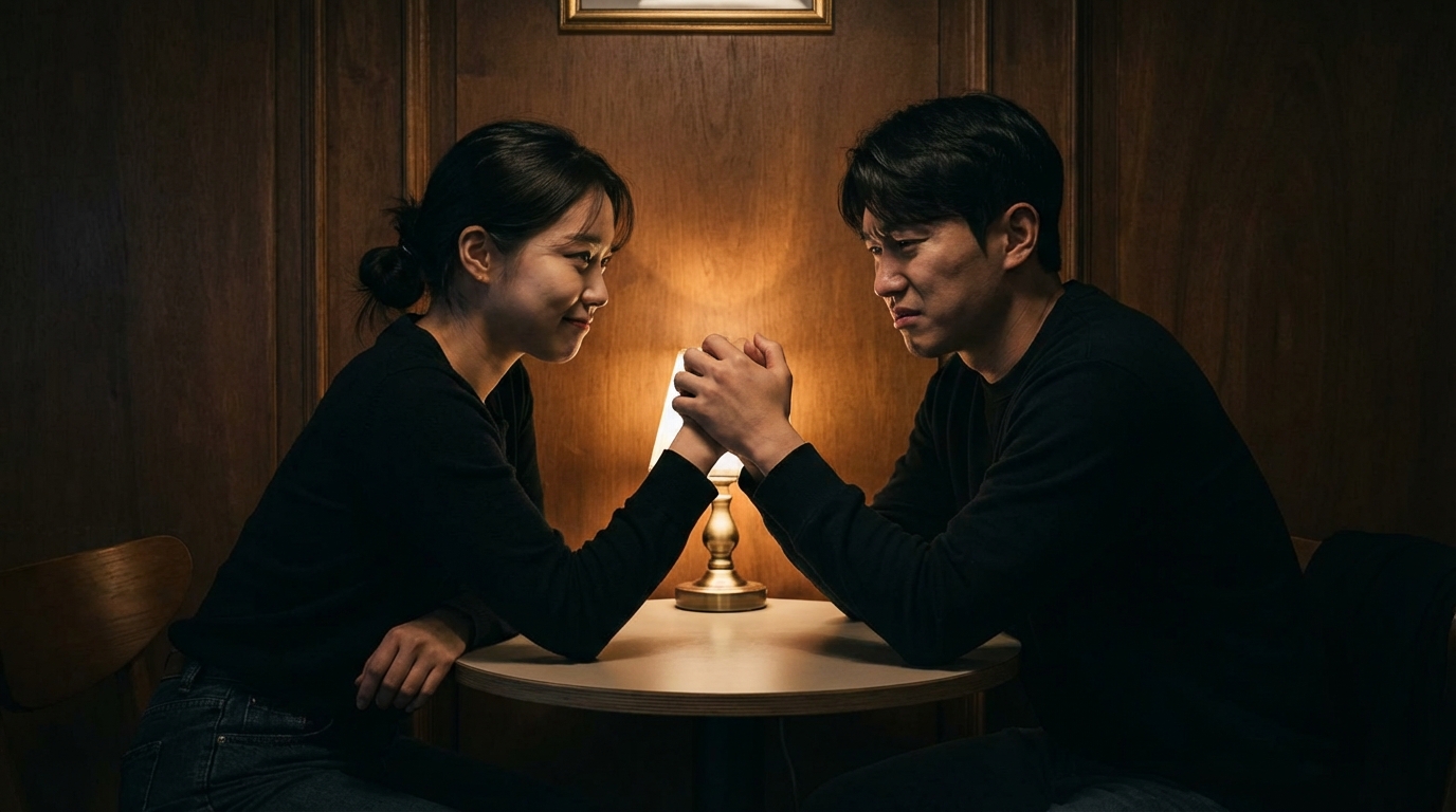 두 남녀가 손을 잡고 서로를 응시하며 심리적 긴장감을 보여주는 이미지