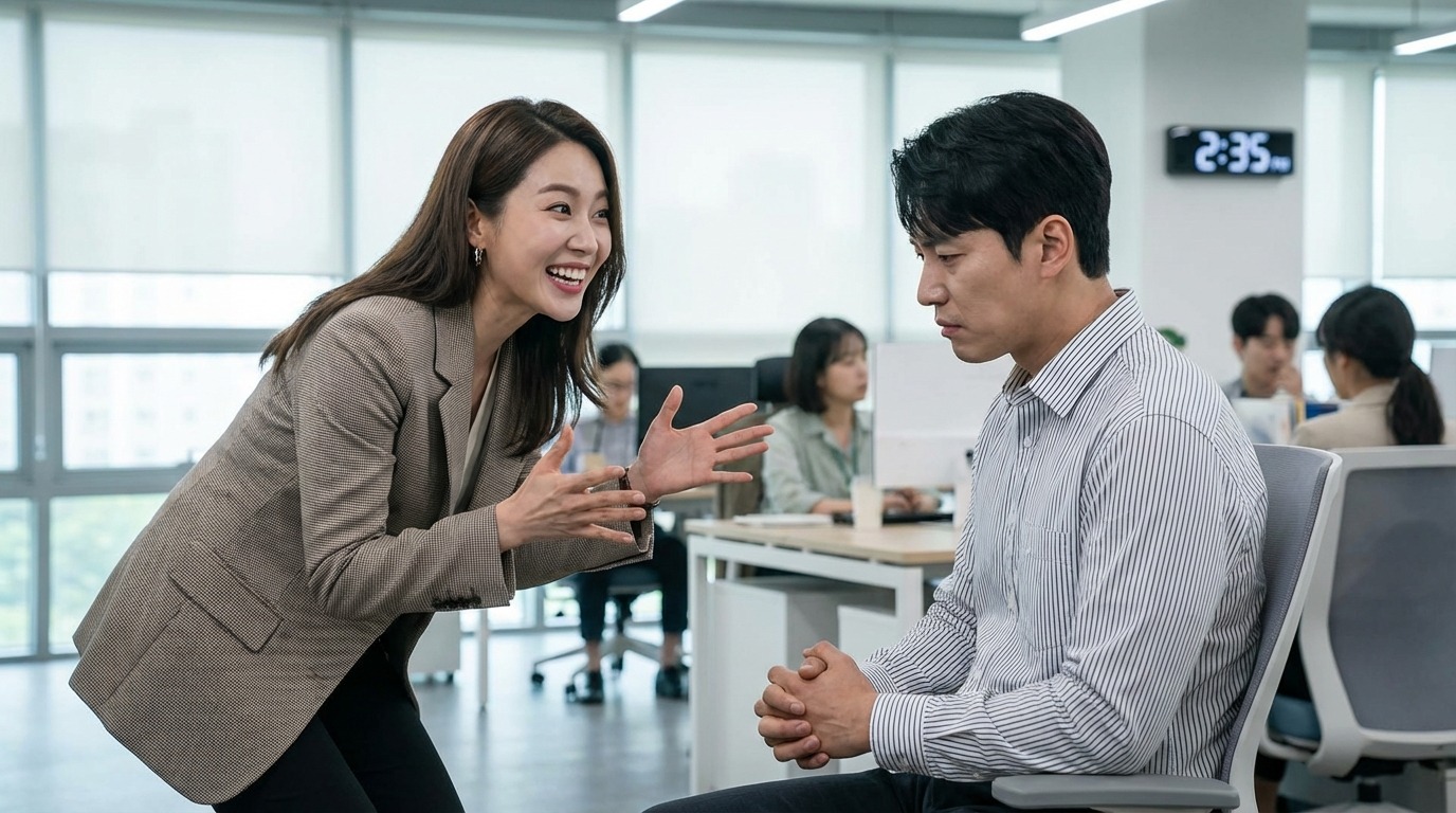 여성이 남성에게 과도한 칭찬을 건네자 남성이 불편해하는 모습으로 미묘한 심리 조작을 암시하는 이미지