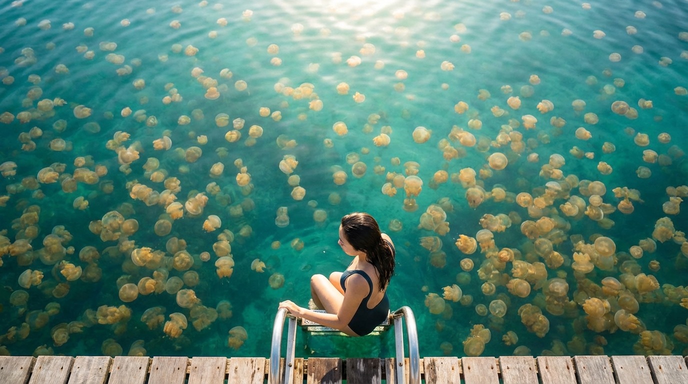 팔라우 해파리 호수에서 독 없는 해파리들과 함께 수영하는 사람