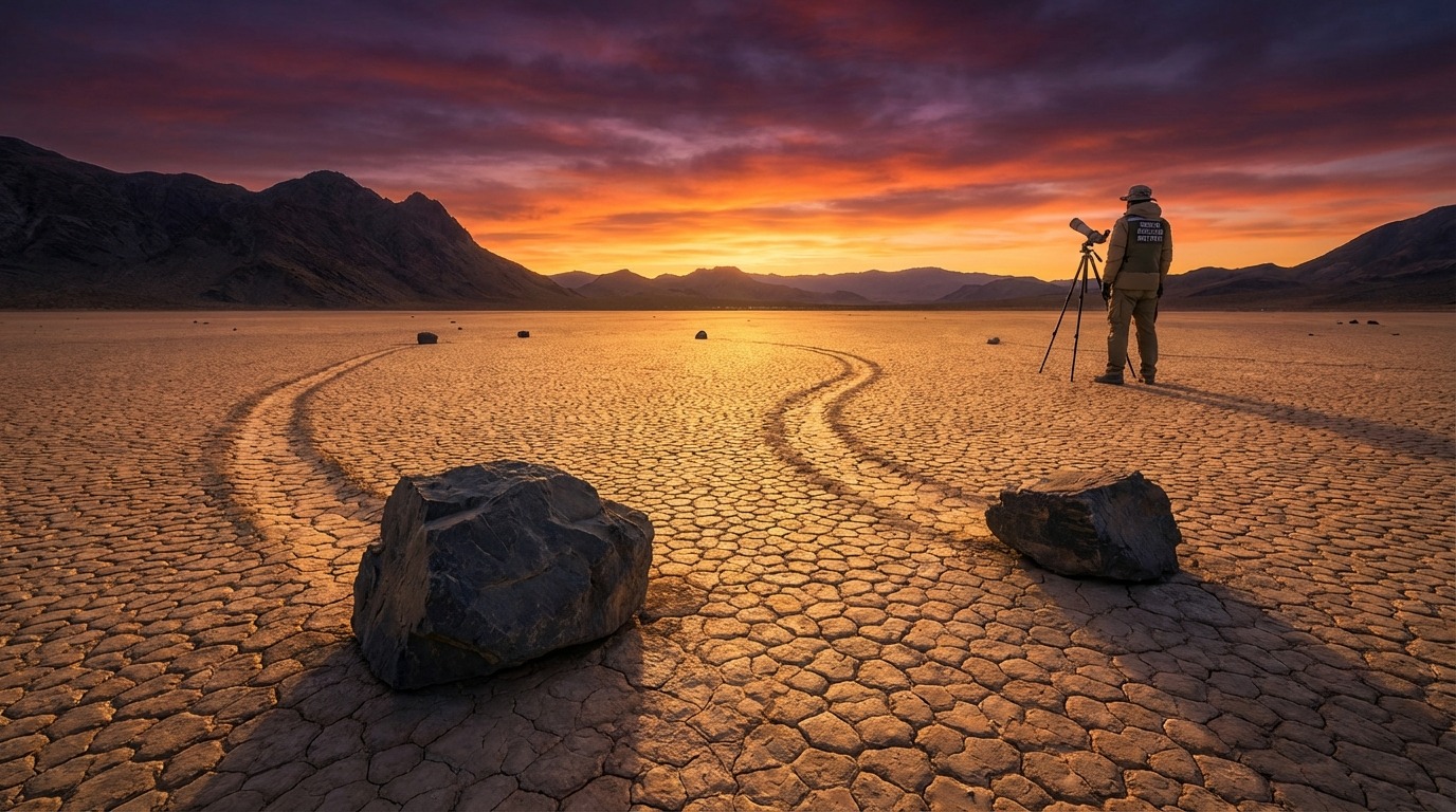 데스밸리 레이스트랙 플라야의 움직이는 돌과 긴 흔적