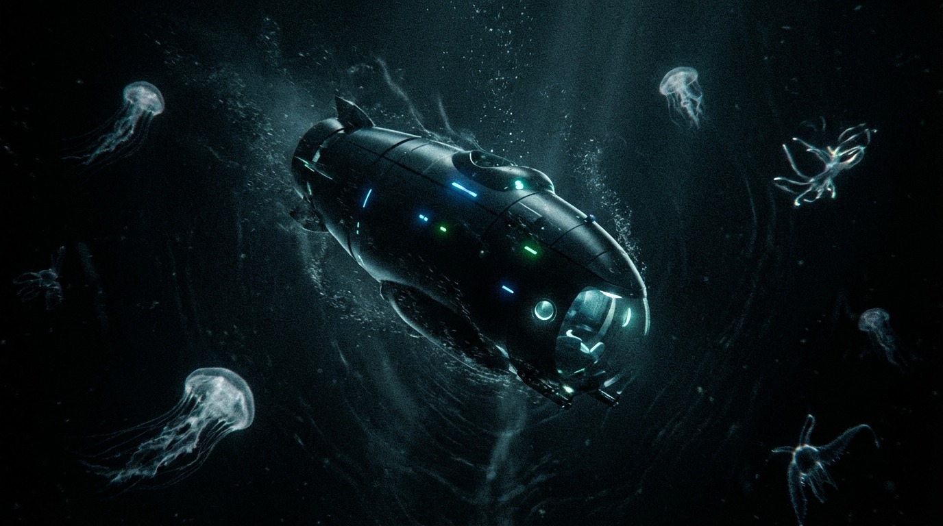 마리아나 해구 심해를 탐사하는 첨단 잠수정과 빛나는 생명체들