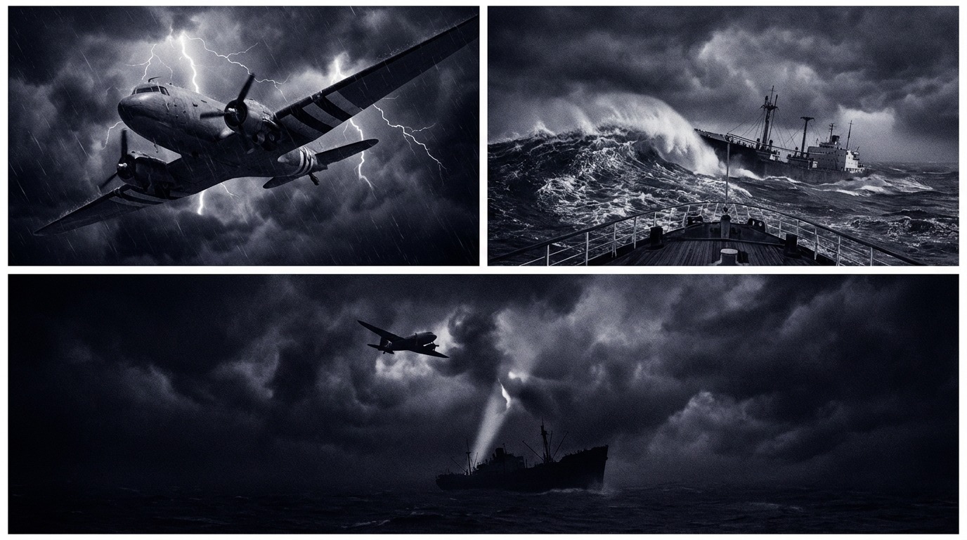 버뮤다 삼각지대 위 폭풍우 속 빈티지 비행기와 거친 파도 속 선박