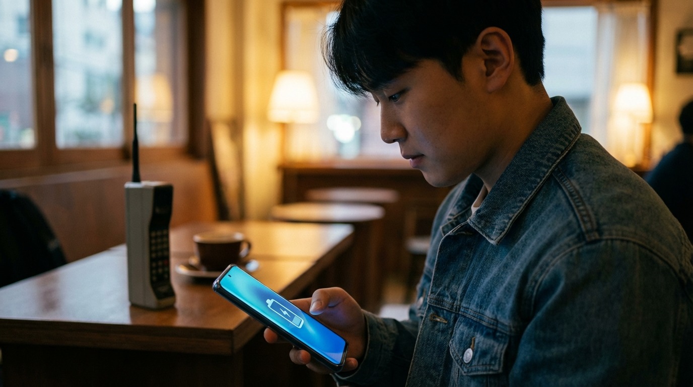 현대 스마트폰과 과거 벽돌폰, 배터리 기술의 진화를 보여주는 모습