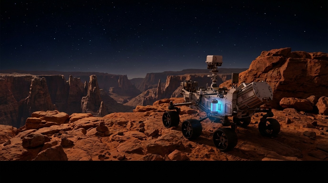 핵전지를 탑재한 우주 탐사선이 미지의 행성을 탐사하는 장면