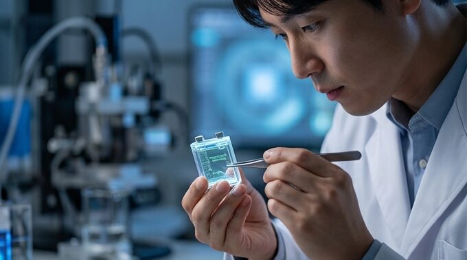 고성능 전고체 배터리 프로토타입을 연구하는 과학자의 모습